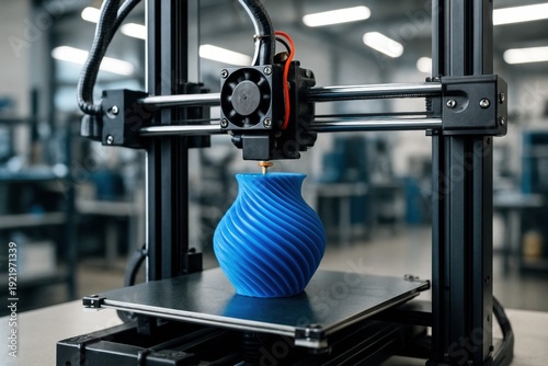 Close-up of a 3D printer manufacturing a vibrant blue, spiraled vase in an industrial setting. Represents innovation, technology, and modern manufacturing. Ideal for tech, education, or business