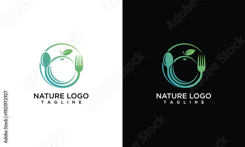 Nature Food Logo Design Healthy Organic Restaurant  Cafe Brand Symbol with Spoon Fork Leaf.