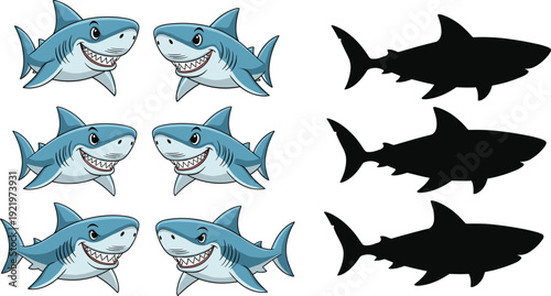 Set of cute blue shark cartoon characters and black shark silhouettes isolated on white background for kids design ocean marine life and summer patterns.