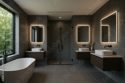 A sleek, modern luxury bathroom featuring a freestanding tub, dual vanities with illuminated mirrors, and a glass shower. Dark grey tiles, wood accents, and a large window offering a nature view