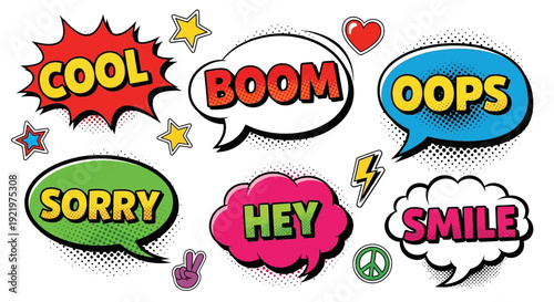 Comic pop art speech bubbles with words