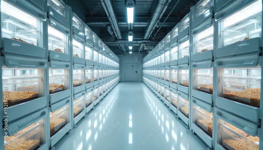 Obraz premium Rows of stacked insect containers under bright lights in controlled indoor farm. This facility uses automation for mass rearing larvae for future protein production. Sustainable food tech advancement.