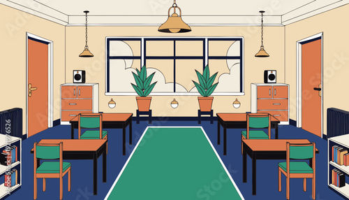 Very beautiful empty modern classroom interior designed with symmetry and soft natural light, presenting a calm educational atmosphere ideal for academic presentations and institutional visuals.