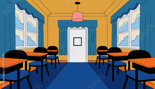 Very beautiful empty modern classroom interior designed with symmetry and soft natural light, presenting a calm educational atmosphere ideal for academic presentations and institutional visuals.