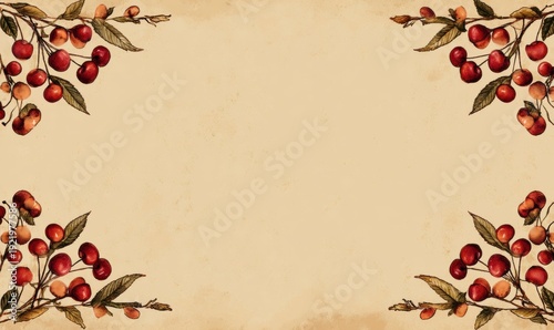 Warm beige background, frame of cherries with long stems and small leaves placed symmetrically along edges
