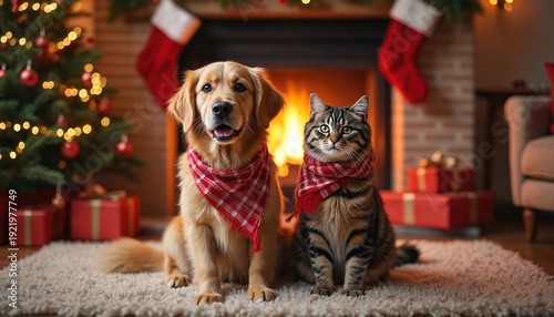 Wallpaper Mural Golden retriever and tabby cat wear festive scarfs near fireplace and Christmas tree. Pets sit together on rug with gifts and stockings. Warmth and love fill room during winter holidays. Torontodigital.ca