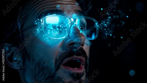 Wallpaper Mural Futuristic Man in Glasses with Glowing Digital Data Particles, AI Concept Video of Middle Aged Male Scientist Analyzing Information, Cyber Style Augmented Reality in Dark Torontodigital.ca