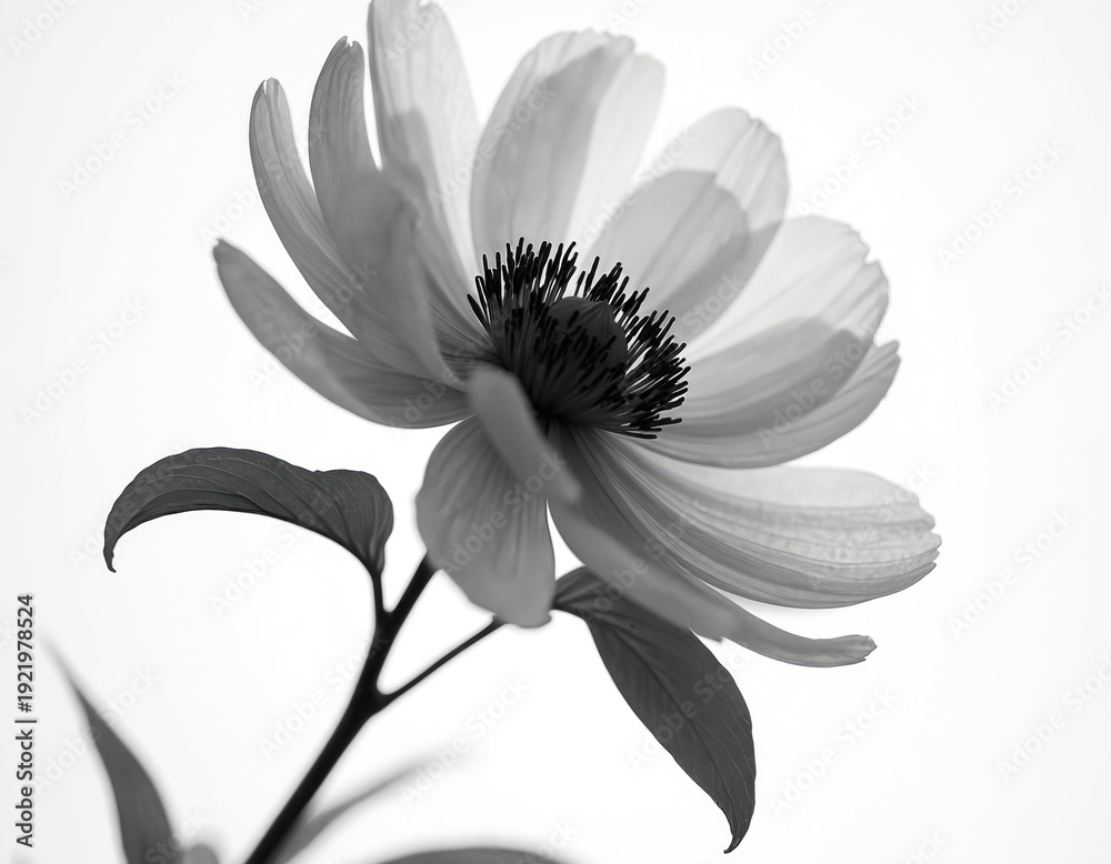 Obraz premium Grayscale x-ray-like peony flower. Elegant botanical art illustration. Delicate bloom with thin petals, dark stamen. Detailed plant structure against white background. Modern graphic design element.