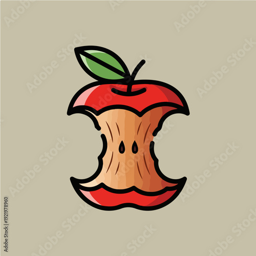 Apple core illustration with a green leaf on a beige background.