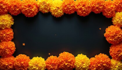 Orange and yellow marigold flowers form a border on dark background. This floral frame is for Indian festival celebrations and greetings. Offers copy space for text or messages.