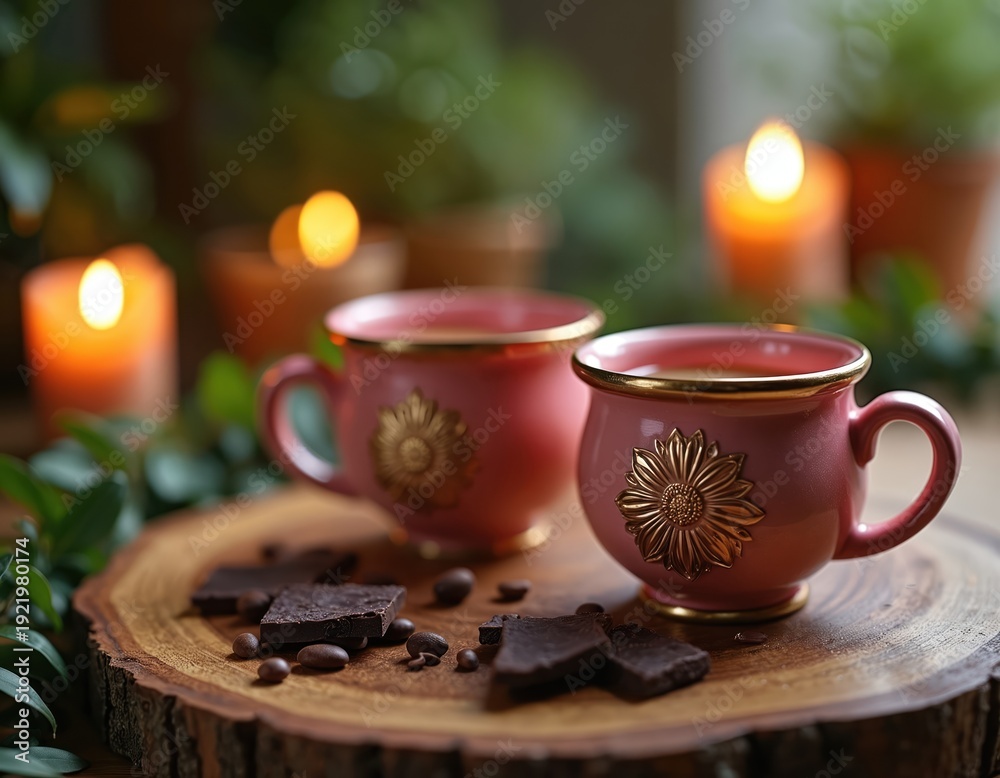 Fototapeta premium Pink ceremonial cocoa cups with golden design sit on wooden slice. Chocolate pieces and coffee beans surround cups. Glowing candles and green plants create cozy atmosphere for ritual drink.
