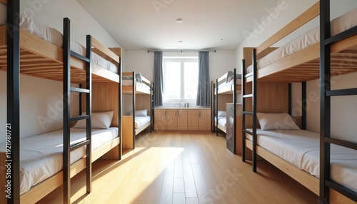 Bright hostel dorm room with many wooden bunk beds. Modern interior clean design with white linens. Natural light enters through large window.