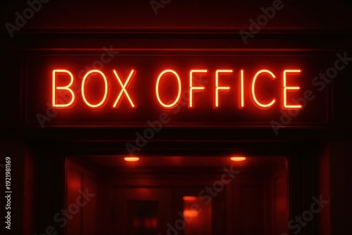 Glowing red Box Office neon sign above a dark cinema entrance