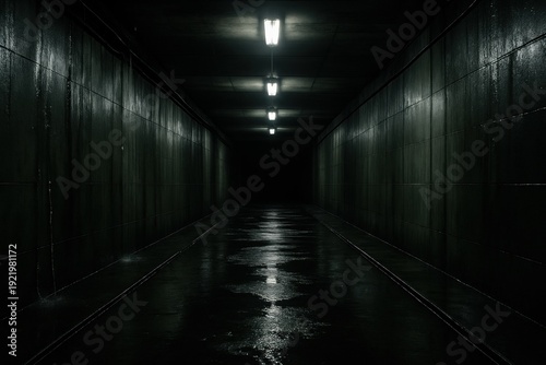 Long dark concrete tunnel with wet floor and ceiling lights