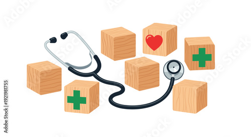 A classic medical stethoscope is carefully arranged among multiple plain wooden blocks and blocks featuring a heart and green cross symbols.