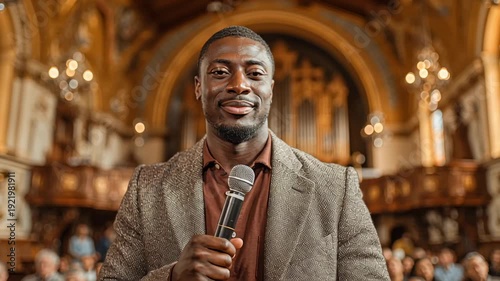 Smiling motivational speaker holding microphone in ornate hall during live presentation with audience in background