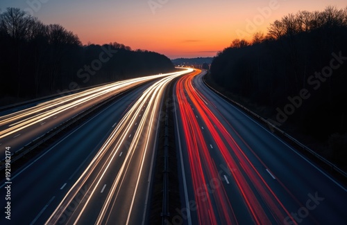 Highway at dusk with light trails from car traffic. Orange sky above trees. Long exposure shot shows fast movement and travel on the road. Commute and journeys.