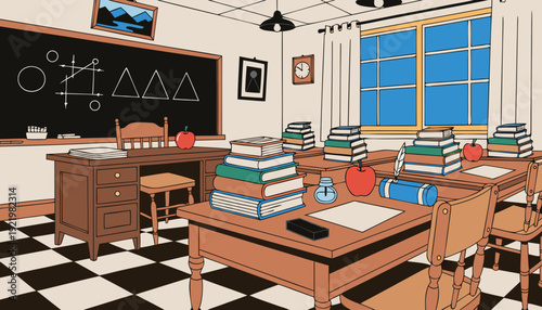 Very beautiful traditional style school classroom interior with wooden desks, classic chalkboard, and nostalgic academic ambiance reflecting timeless educational heritage.