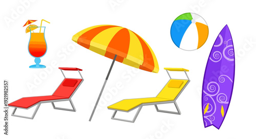 Vibrant beach scene with lounge chairs, umbrella, cocktail, surfboard, and beach ball in a sunny setting from a high viewpoint