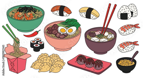 Assorted Asian-style food dishes and ingredients displayed on a clean white surface from a top-down viewpoint