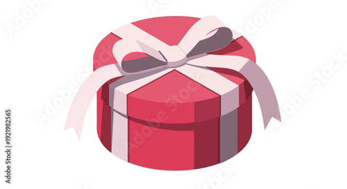 A beautifully wrapped red gift box adorned with a pink ribbon, viewed from above on a clean white background