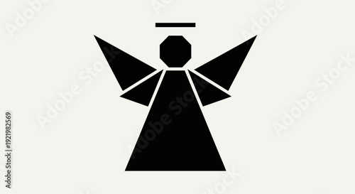 Simple black icon of an angel with outstretched wings viewed from the front