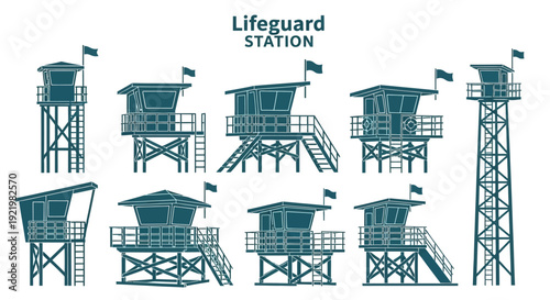 Various lifeguard stations with multiple viewpoints from different angles
