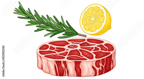 Raw steak with rosemary and lemon on a clean surface viewed from directly above