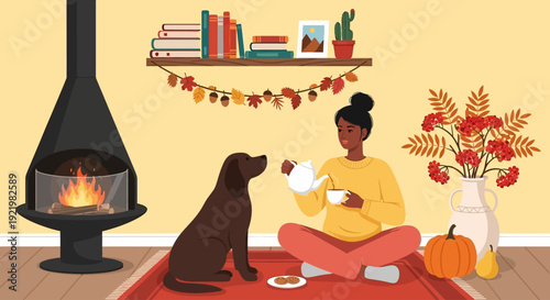 A woman relaxing on a red rug with her dog by the fireplace in a cozy room with autumn decorations