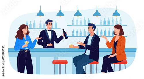 People interacting with a bartender in a modern bar setting from a slightly elevated viewpoint