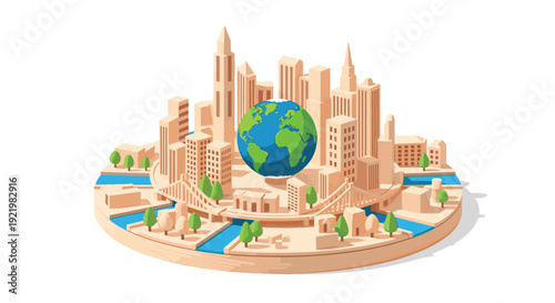 A detailed 3D model of a modern cityscape featuring skyscrapers, bridges, and rivers, with a central globe, rests on a circular wooden base.