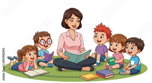 A smiling teacher reads to a group of children sitting around her on a green grassy area outdoors