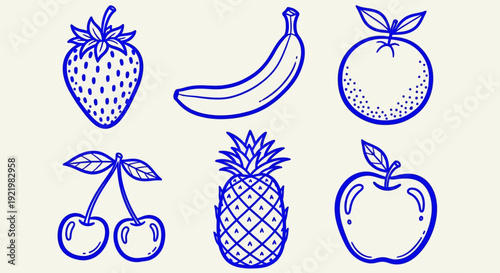 Assorted fresh fruits illustrations including strawberry, banana, and pineapple on a clean background viewed from above