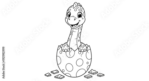 A cartoon dinosaur emerges from a cracked eggshell surrounded by broken pieces on a plain surface viewed from the front