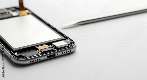 Smartphone repair and disassembly closeup with tools on gray background