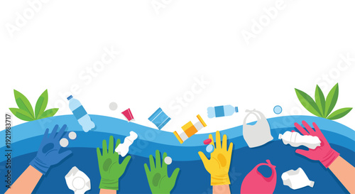 Diverse gloved hands are diligently collecting plastic bottles and other refuse that is floating on the clear blue water surface.