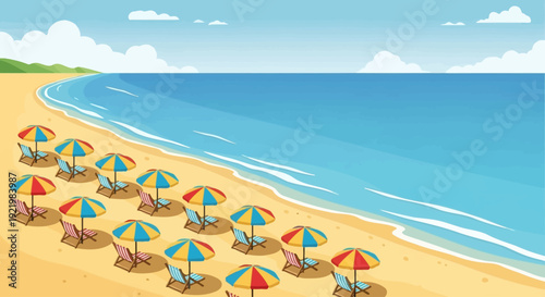 Empty beach chairs and umbrellas arranged on a sandy shore under a clear sky.