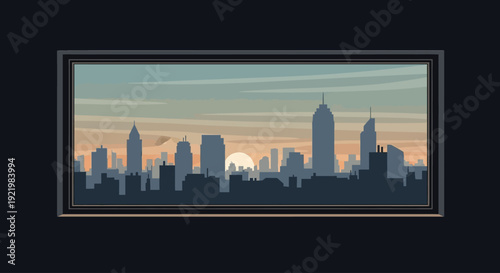 City skyline at sunset viewed through a window