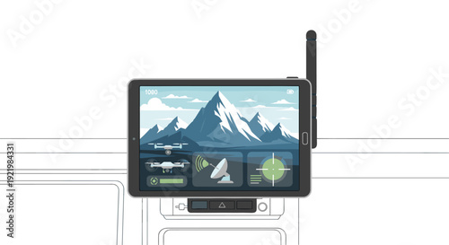 A tablet mounted on a vehicle dashboard displays a drone flying above majestic mountains with multiple control interface elements.
