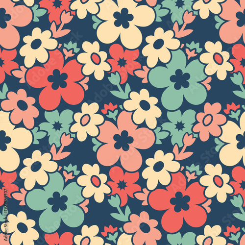 Seamless retro floral pattern with groovy 70s 80s flowers. Vintage bold bloom background perfect for fabric, wallpaper, wrapping paper and trendy surface design.