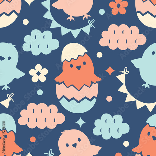 Seamless playful childish Easter pattern with naive chicks, eggs and clouds. Bright spring holiday background ideal for nursery, fabric and wrapping paper.