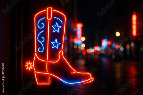 A vibrant neon cowboy boot sign illuminates a dark city street. Ideal for illustrating Texas, country music, travel, or western themes.