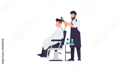 A bearded male barber wearing an apron is cutting the hair of a male client using electric clippers in a barbershop chair.