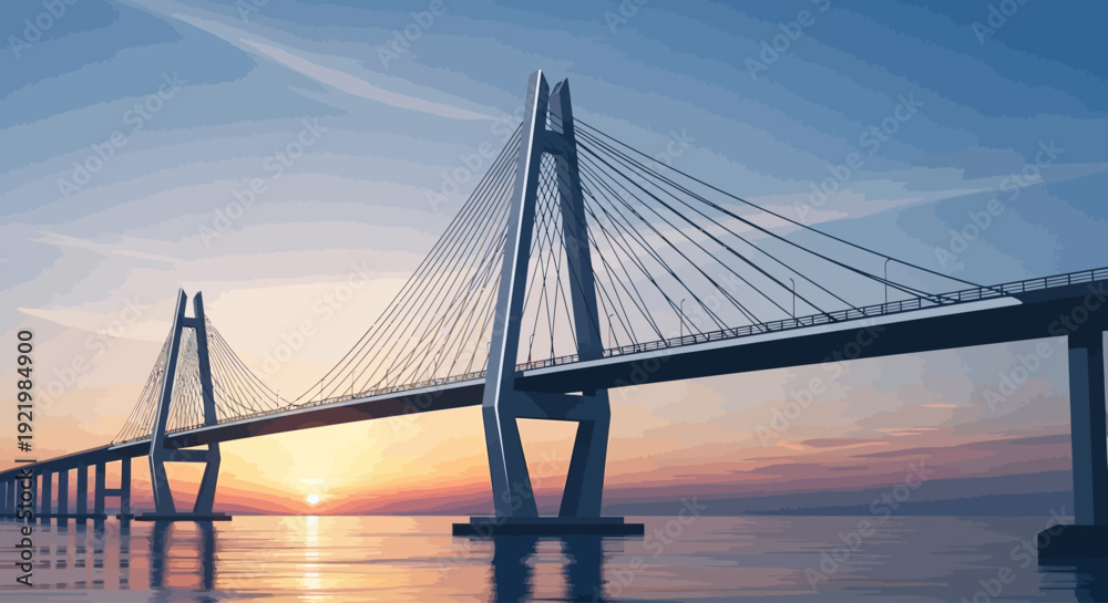 Fototapeta premium Modern cable-stayed bridge over the ocean at sunset vector illustration