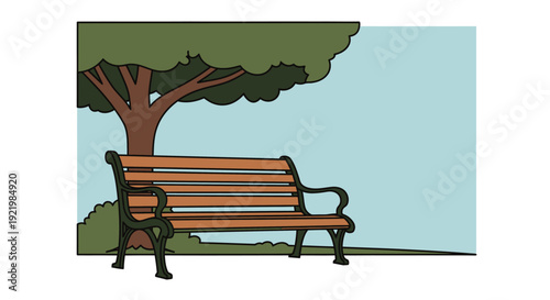 A park bench sits under a tree with a light blue sky background.