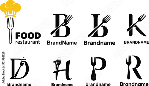 Creative Restaurant and Food Branding Logo Set with Fork Knife and Chef Hat Symbols