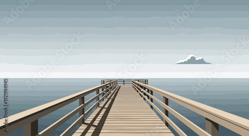 A wooden pier extends into the calm, minimalist ocean under a vast sky.