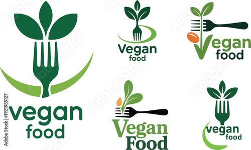 Vegan Food Logo Set with Fork and Green Leaf Symbols for Vegetarian Restaurants
