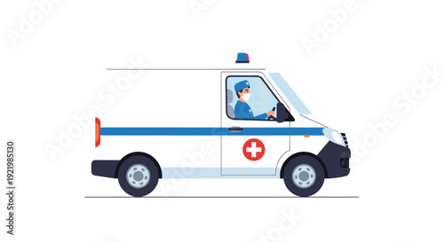 A white emergency ambulance with a red cross symbol and a flashing blue light is driven by a masked medical professional.