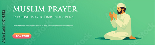 Muslim Prayer Banner with Man Kneeling and Raising Hands in Dua During Ramadan